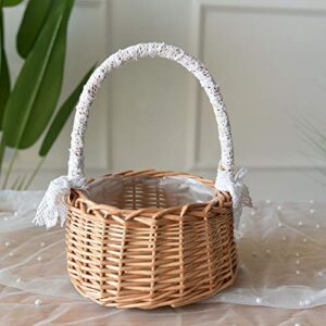 RTWAY Wicker Rattan Flower Basket, Set of 2 Wedding Flower Girl Baskets, Willow Handwoven Basket with Handles and Plastic Insert, Woven Eggs Candy Basket for Home Garden Decor