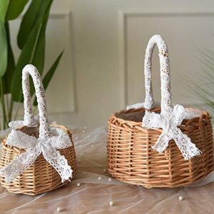 RTWAY Wicker Rattan Flower Basket, Set of 2 Wedding Flower Girl Baskets, Willow Handwoven Basket with Handles and Plastic Insert, Woven Eggs Candy Basket for Home Garden Decor