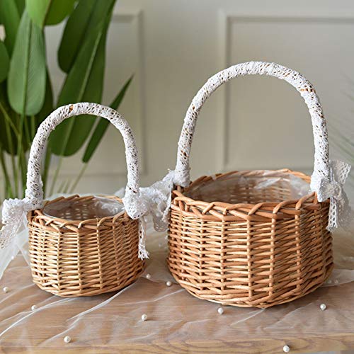 RTWAY Wicker Rattan Flower Basket, Set of 2 Wedding Flower Girl Baskets, Willow Handwoven Basket with Handles and Plastic Insert, Woven Eggs Candy Basket for Home Garden Decor