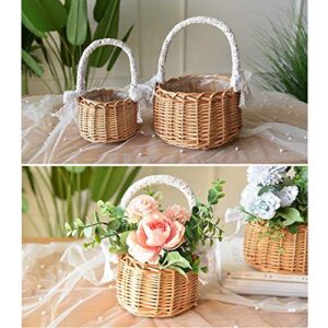 RTWAY Wicker Rattan Flower Basket, Set of 2 Wedding Flower Girl Baskets, Willow Handwoven Basket with Handles and Plastic Insert, Woven Eggs Candy Basket for Home Garden Decor