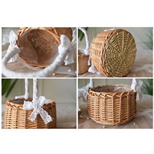 RTWAY Wicker Rattan Flower Basket, Set of 2 Wedding Flower Girl Baskets, Willow Handwoven Basket with Handles and Plastic Insert, Woven Eggs Candy Basket for Home Garden Decor