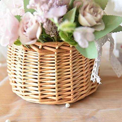 RTWAY Wicker Rattan Flower Basket, Set of 2 Wedding Flower Girl Baskets, Willow Handwoven Basket with Handles and Plastic Insert, Woven Eggs Candy Basket for Home Garden Decor