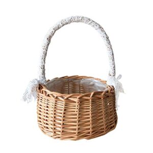 RTWAY Wicker Rattan Flower Basket, Set of 2 Wedding Flower Girl Baskets, Willow Handwoven Basket with Handles and Plastic Insert, Woven Eggs Candy Basket for Home Garden Decor