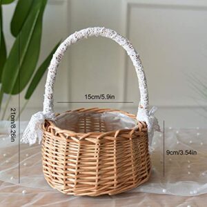 RTWAY Wicker Rattan Flower Basket, Set of 2 Wedding Flower Girl Baskets, Willow Handwoven Basket with Handles and Plastic Insert, Woven Eggs Candy Basket for Home Garden Decor