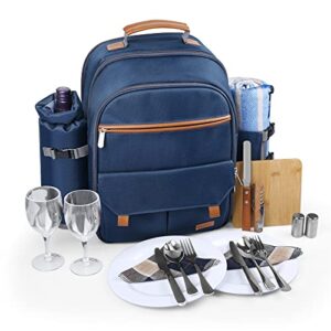 sunflora picnic backpack for 2 person set pack with insulated waterproof pouch for couple outdoor camping (navy)