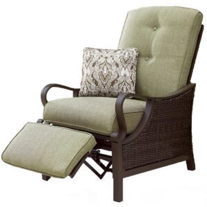 hanover ventura steel outdoor patio woven luxury recliner with brown wicker, vintage meadow green cushions and pillow