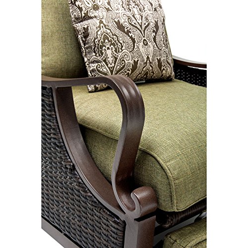 Hanover Ventura Steel Outdoor Patio Woven Luxury Recliner with Brown Wicker, Vintage Meadow Green Cushions and Pillow