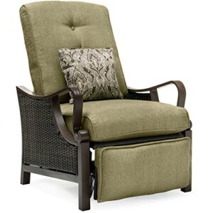 Hanover Ventura Steel Outdoor Patio Woven Luxury Recliner with Brown Wicker, Vintage Meadow Green Cushions and Pillow