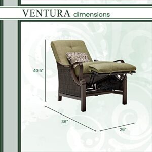 Hanover Ventura Steel Outdoor Patio Woven Luxury Recliner with Brown Wicker, Vintage Meadow Green Cushions and Pillow