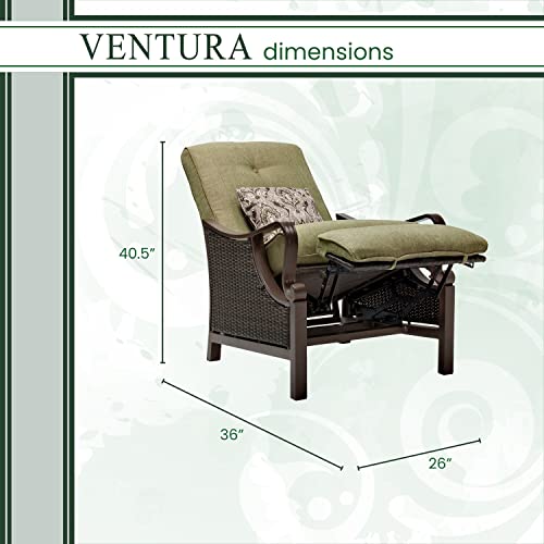 Hanover Ventura Steel Outdoor Patio Woven Luxury Recliner with Brown Wicker, Vintage Meadow Green Cushions and Pillow