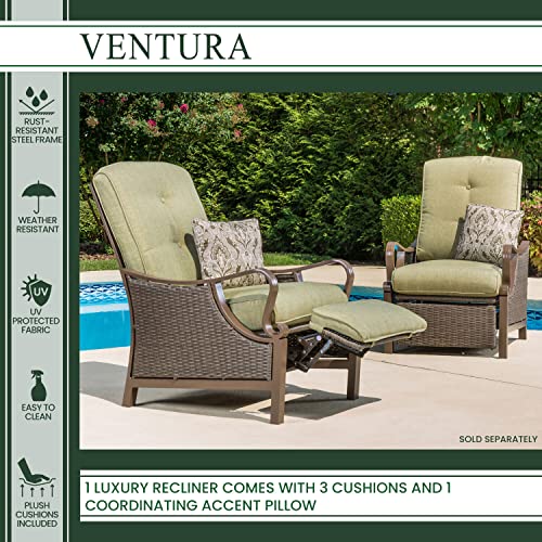 Hanover Ventura Steel Outdoor Patio Woven Luxury Recliner with Brown Wicker, Vintage Meadow Green Cushions and Pillow