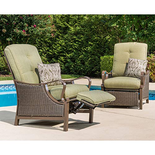 Hanover Ventura Steel Outdoor Patio Woven Luxury Recliner with Brown Wicker, Vintage Meadow Green Cushions and Pillow