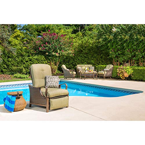 Hanover Ventura Steel Outdoor Patio Woven Luxury Recliner with Brown Wicker, Vintage Meadow Green Cushions and Pillow