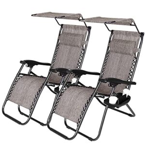 2 pack zero gravity chair, folding lounge reclining w/shade canopy deck chaise with adjustable headrest pillows, cup holder tray and carry rope for lawn poolside backyard patio, beach camping (gray)
