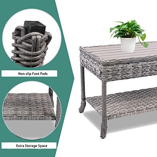 Koruiten Wicker Outdoor Coffee Table with Storage Shelf, All Weather Resin Rattan Patio Coffee Table with Wood Top for Outside Porch Backyard