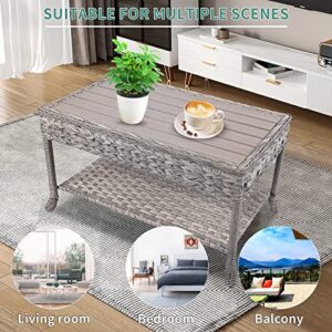 Koruiten Wicker Outdoor Coffee Table with Storage Shelf, All Weather Resin Rattan Patio Coffee Table with Wood Top for Outside Porch Backyard