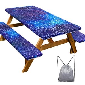 picnic table cover with bench covers 3 pcs waterproof windproof camping tablecloth with drawstring bag, fitted for 6 foot rectangle tables and seats, blue purple