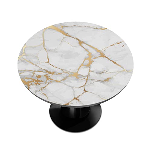 AUUXVA White Gold Marble Print Round Tablecloth with Elastic Edge Bands Marble Texture Fitted Table Cloths Waterproof Table Cover Protector for Home Kitchen Dining Patio Table 36-42 inch