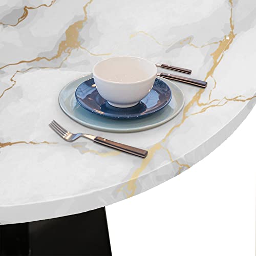 AUUXVA White Gold Marble Print Round Tablecloth with Elastic Edge Bands Marble Texture Fitted Table Cloths Waterproof Table Cover Protector for Home Kitchen Dining Patio Table 36-42 inch