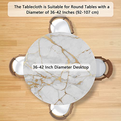 AUUXVA White Gold Marble Print Round Tablecloth with Elastic Edge Bands Marble Texture Fitted Table Cloths Waterproof Table Cover Protector for Home Kitchen Dining Patio Table 36-42 inch