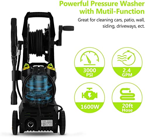 WHOLESUN WS 3000 Electric Pressure Washer, 1.58GPM 1600W High Power Washer Machine with Spray Gun & 4 Nozzles for Cars, Homes, Driveways, Patios(Green)