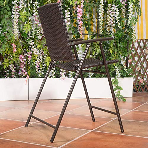 LUARANE Folding 4 Pieces Wicker Rattan Chairs, Tall Bar Stool Set with Back Steel Frame Footrest Armrest, Weather-Resistant Comfortable Chairs for Outdoor Indoor Garden Patio Furniture Set, Brown