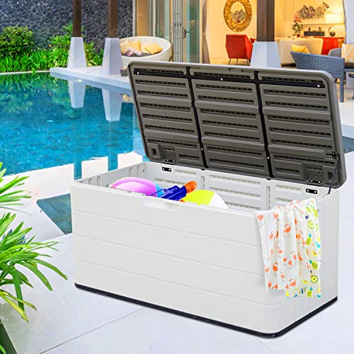 ADDOK Large Resin Deck Box Lockable, Outdoor Garden Storage Box Waterproof, Elegant Storage Bench for Cushions, Garden Tools and Pool Toys (85 gallon box)