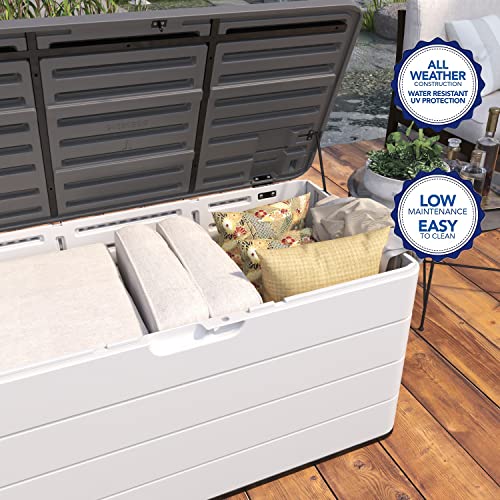 ADDOK Large Resin Deck Box Lockable, Outdoor Garden Storage Box Waterproof, Elegant Storage Bench for Cushions, Garden Tools and Pool Toys (85 gallon box)