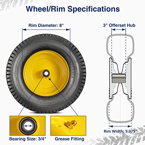 MaxAuto 2Pcs 16x6.50-8 Front Tires and Wheels Assembly for Lawn Mower Tractors, 3" Offset Long Hub with 3/4"Bearings, Pneumatic Tire