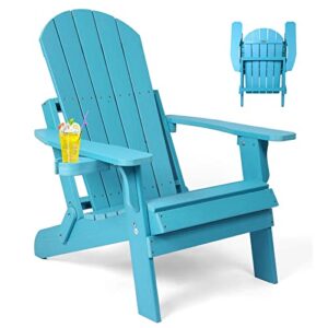 hOmeQomi Folding Adirondack Chair, All Weather Resistant Plastic Chair with Cup Holder, Fold or Unfold Easily in 1 Second, Outdoor Chairs for Patio, Garden, Backyard Deck, Lawn, Fire Pit - Lake Blue