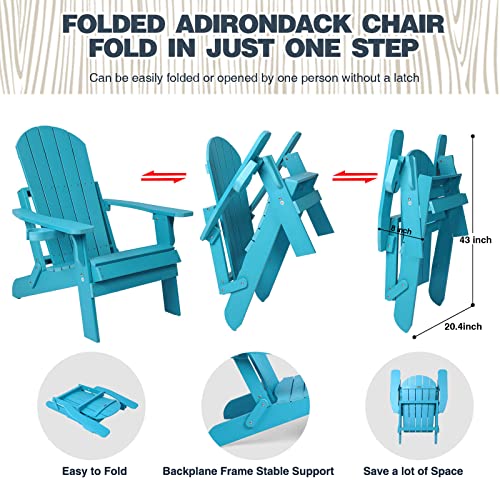 hOmeQomi Folding Adirondack Chair, All Weather Resistant Plastic Chair with Cup Holder, Fold or Unfold Easily in 1 Second, Outdoor Chairs for Patio, Garden, Backyard Deck, Lawn, Fire Pit - Lake Blue