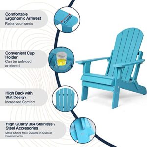 hOmeQomi Folding Adirondack Chair, All Weather Resistant Plastic Chair with Cup Holder, Fold or Unfold Easily in 1 Second, Outdoor Chairs for Patio, Garden, Backyard Deck, Lawn, Fire Pit - Lake Blue