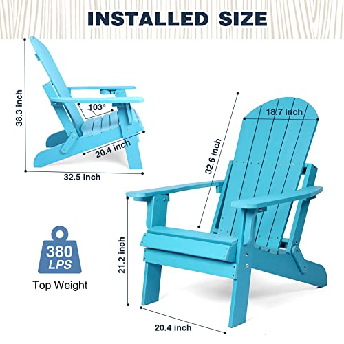hOmeQomi Folding Adirondack Chair, All Weather Resistant Plastic Chair with Cup Holder, Fold or Unfold Easily in 1 Second, Outdoor Chairs for Patio, Garden, Backyard Deck, Lawn, Fire Pit - Lake Blue