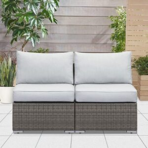 Wisteria Lane 2 Piece Outdoor Patio Armless Sofa, Outdoor Wicker Sectional Furniture with Cushion, Additional Loveseats for Garden Backyard, Grey