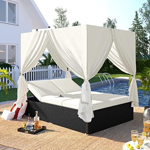 LUMISOL Outdoor Canopy Bed Patio Daybed Sunbed with Retractable Canopy, Rattan Sun Lounger Patio Loveseat Sofa Set with Curtains Garden Furniture (Beige)