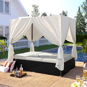 LUMISOL Outdoor Canopy Bed Patio Daybed Sunbed with Retractable Canopy, Rattan Sun Lounger Patio Loveseat Sofa Set with Curtains Garden Furniture (Beige)