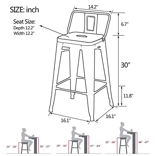 Yongqiang 30 inch Metal Bar Stools Set of 4 Indoor Outdoor Bar Height Stools with Back Kitchen Dining Bar Chairs White