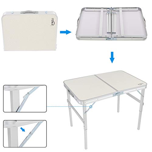 VINGLI 3FT White Folding Picnic Table with Carrying Handle Height Adjustable Lightweight Portable for Indoor Outdoor Picnic, Camping, Hiking, Fishing, BBQ