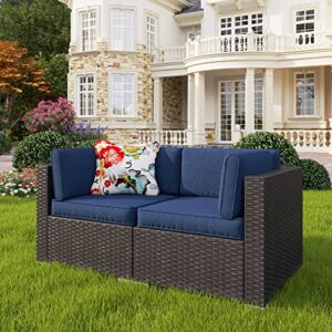 phi villa 2-piece patio loveseat sofa set with cushions, all-weather use outdoor rattan sectional sofa (navy blue)