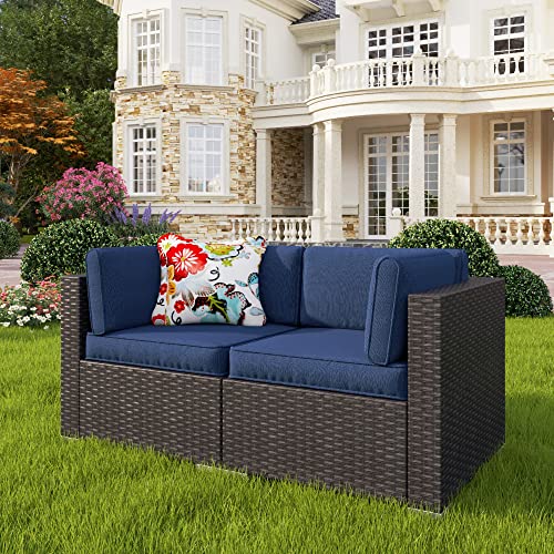 PHI VILLA 2-Piece Patio Loveseat Sofa Set with Cushions, All-Weather Use Outdoor Rattan Sectional Sofa (Navy Blue)