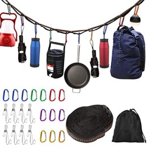 runpon hammock straps,campsite storage strap with 13 pcs buckle & 8 pcs clothes pins for hanging camping equipment,outdoor tent lanyard rope clothesline hammock accessories set camping essentials