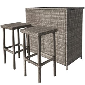 mcombo patio bar set, wicker outdoor table and 2 stools, 3 piece patio furniture with storage for poolside, backyard, garden, porches 6085-1201 (grey)