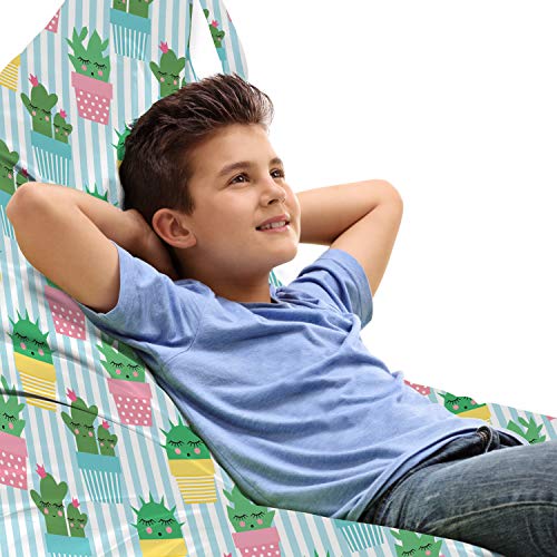 Lunarable Cactus Lounger Chair Bag, Tropical Plants with Faces in Striped and Polka Dots Pots Gardening Theme, High Capacity Storage with Handle Container, Lounger Size, Multicolor