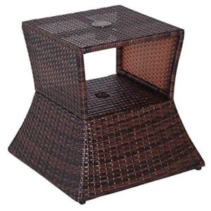 outsunny rattan wicker side table with umbrella hole, 2 tier storage shelf for all weather for outdoor, patio, garden, backyard, mixed grey