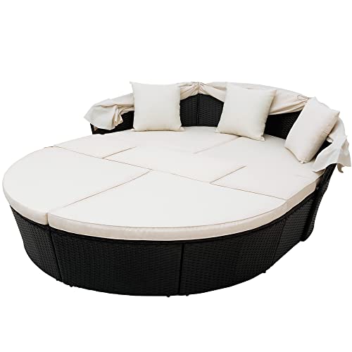 Merax Outdoor Patio Rattan Round Daybed Sunbed with Retractable Canopy, Sectional Sofa Set for Backyard and Porch Black Furniture Clamshell Seating Containing Washable Cushions, Beige_Oval