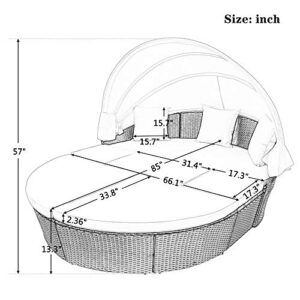 Merax Outdoor Patio Rattan Round Daybed Sunbed with Retractable Canopy, Sectional Sofa Set for Backyard and Porch Black Furniture Clamshell Seating Containing Washable Cushions, Beige_Oval