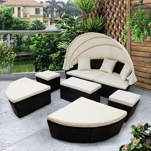 Merax Outdoor Patio Rattan Round Daybed Sunbed with Retractable Canopy, Sectional Sofa Set for Backyard and Porch Black Furniture Clamshell Seating Containing Washable Cushions, Beige_Oval