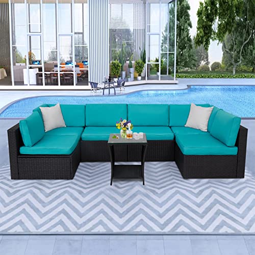 Kinsunny 7 PCS Patio Furniture Sets Conversation Sets - Outdoor Sets Sectional Sofa Set with Tea Table and Washable Blue Cushions, PE Black Rattan Sofa for Backyard/Pool