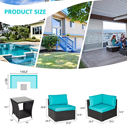 Kinsunny 7 PCS Patio Furniture Sets Conversation Sets - Outdoor Sets Sectional Sofa Set with Tea Table and Washable Blue Cushions, PE Black Rattan Sofa for Backyard/Pool