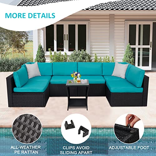 Kinsunny 7 PCS Patio Furniture Sets Conversation Sets - Outdoor Sets Sectional Sofa Set with Tea Table and Washable Blue Cushions, PE Black Rattan Sofa for Backyard/Pool